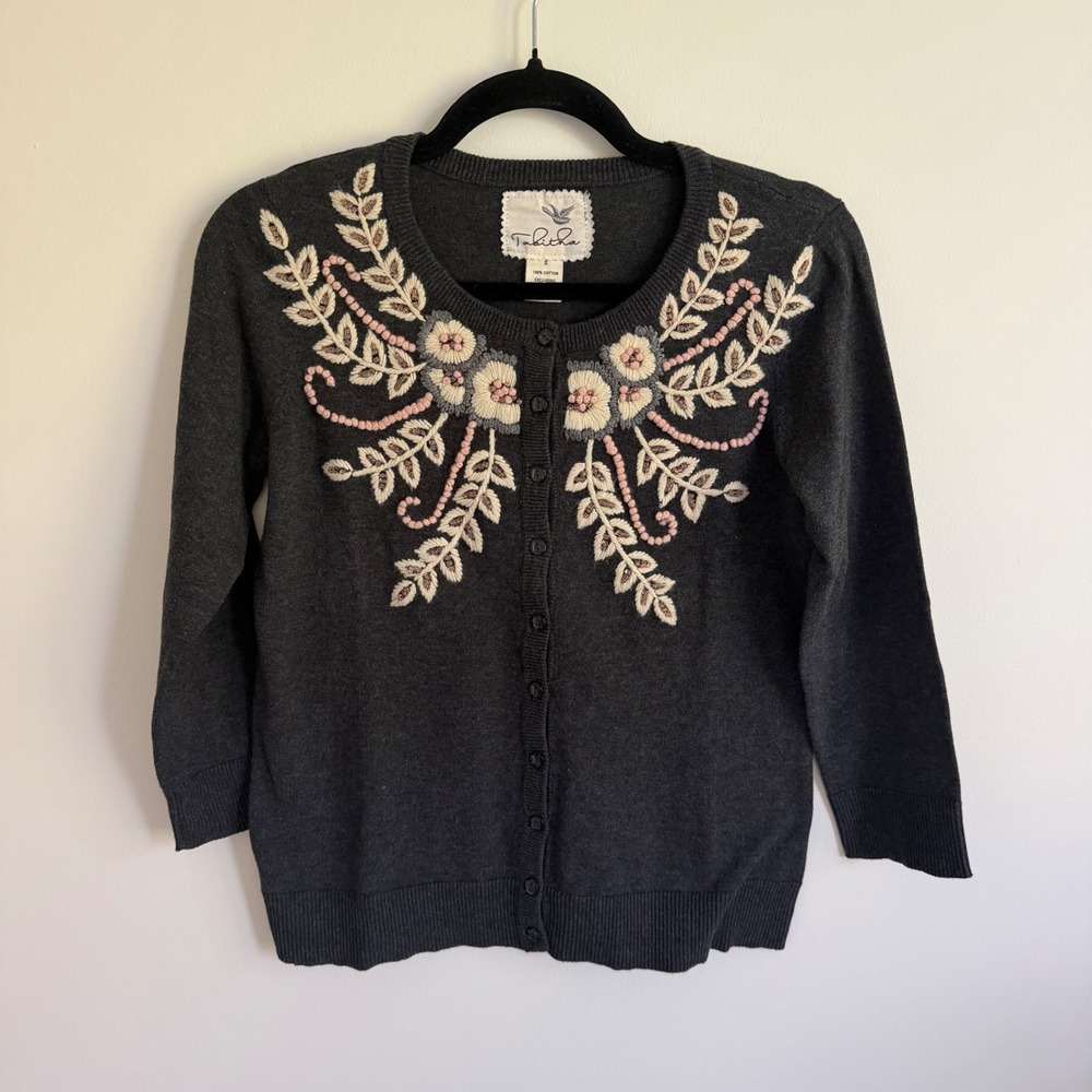 Anthropologie Tabitha Cardigan Dark Grey Floral Embroidered Beaded Sweater Small